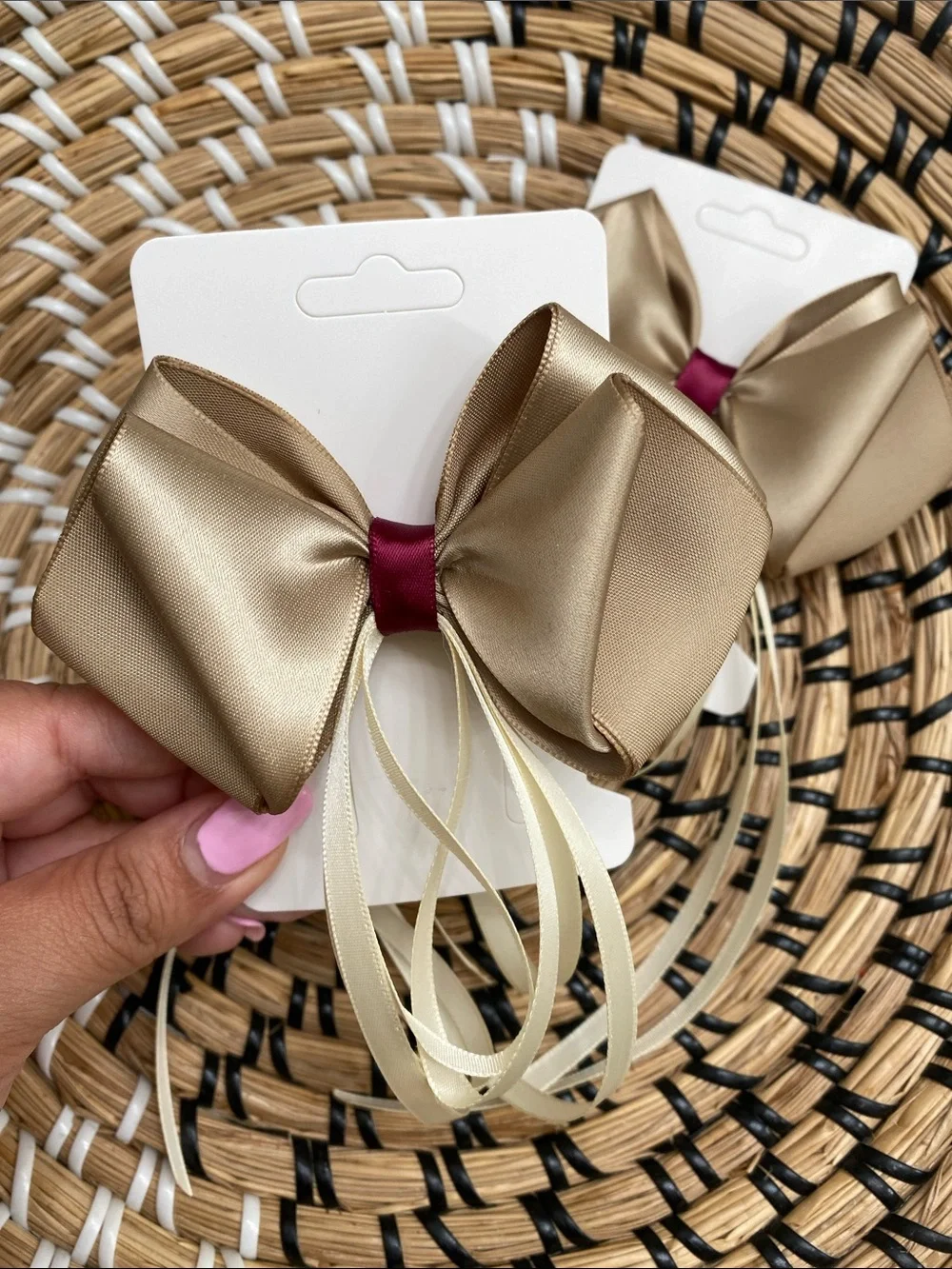 Satin Champagne Bow Hair Clips with Ivory Ribbon Tails